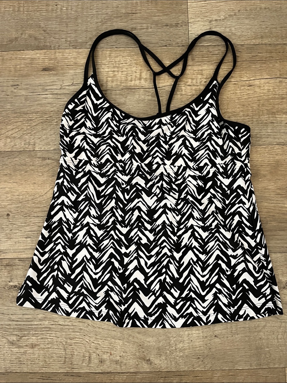 Kona Sol Black & White Abstract Strappy Swim Tankini Top Multiple Straps Size M